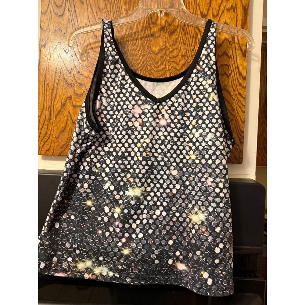 Womens Sequin Print Tank Top XXL V-Neck Sleeveless Disco Mermaid‎ Scale Shirt